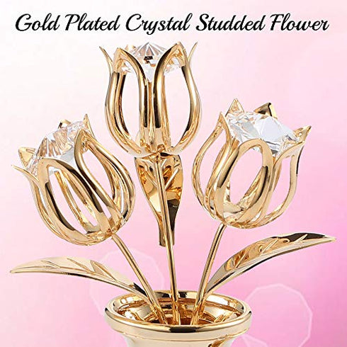 24K Gold Plated Crystal Studded Flower Bouquet in Vase with Decorative Butterfly